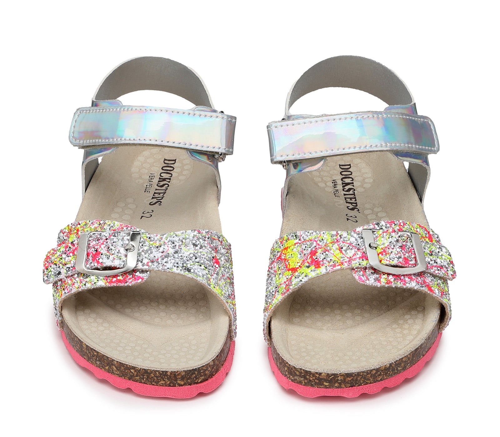 Children's Multicolor Glitter Sandals with Velcro Closure and Pink Sole