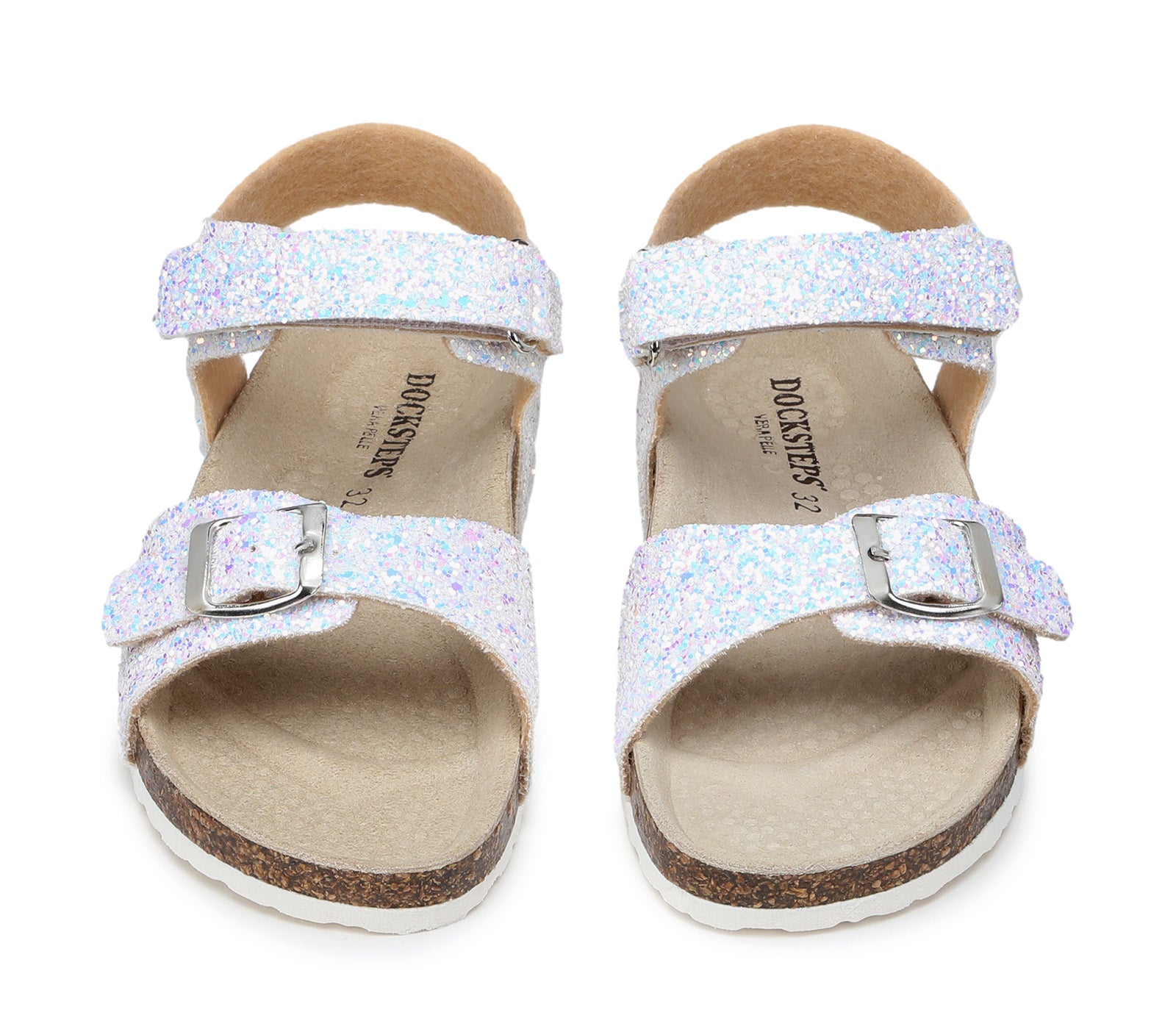 Children's White Glitter Sandals with Velcro Closure and Contoured Insole