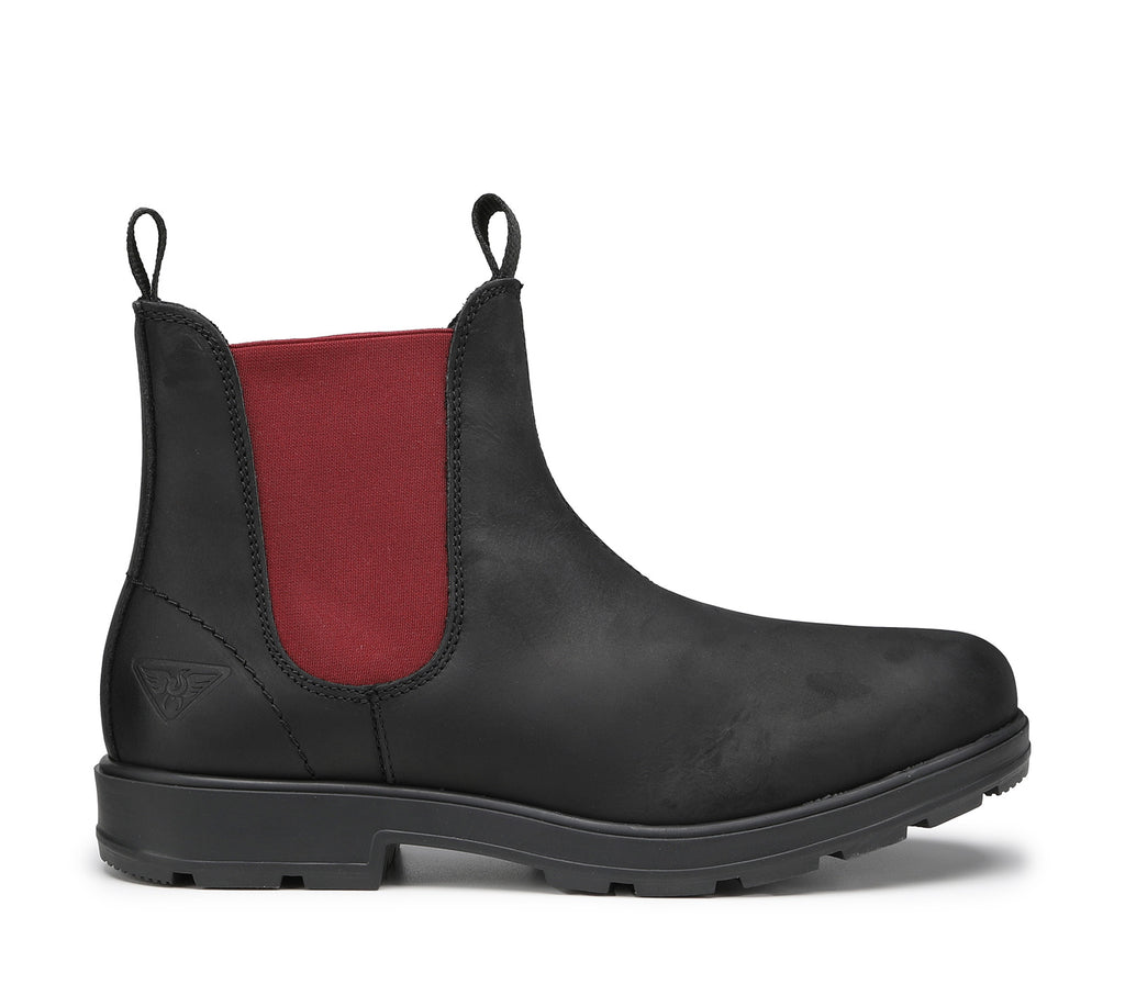 Black Men's Leather Boots with Red Elasticized Inserts
