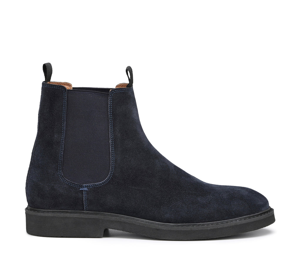 Men's Dark Blue Chelsea Ankle Boots in Suede Leather with Elasticized Inserts