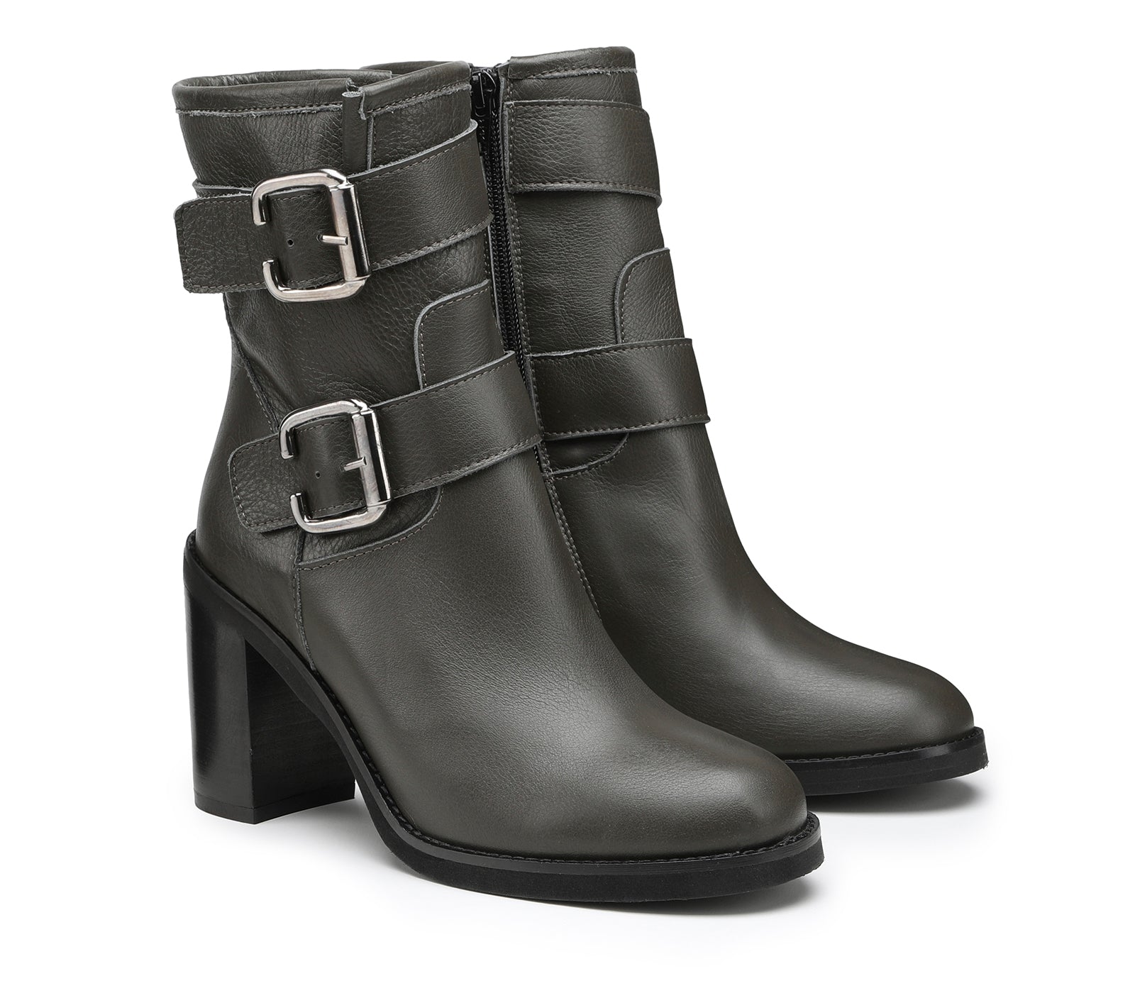 Grey Women's Ankle Boots with Wide Heels and Adjustable Straps