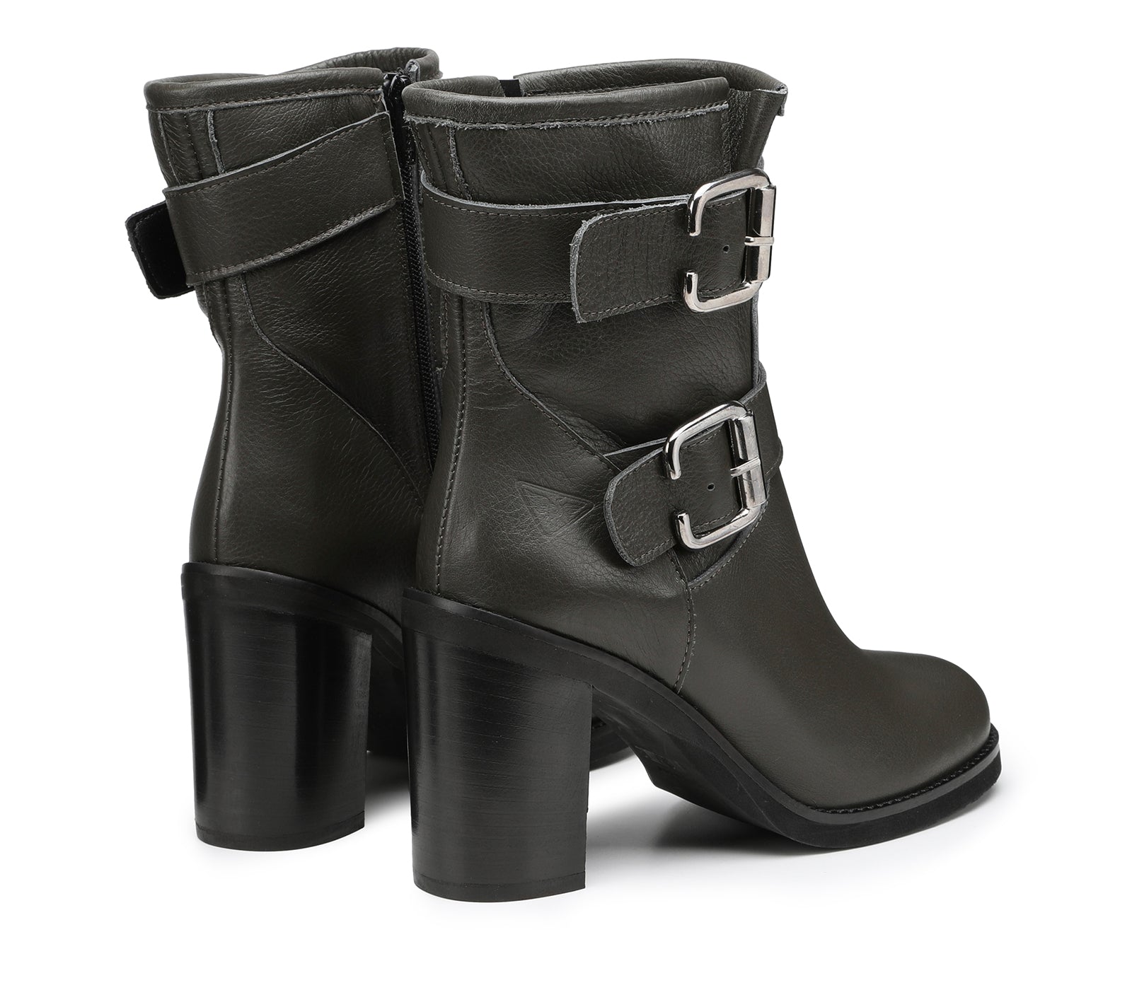 Grey Women's Ankle Boots with Wide Heels and Adjustable Straps
