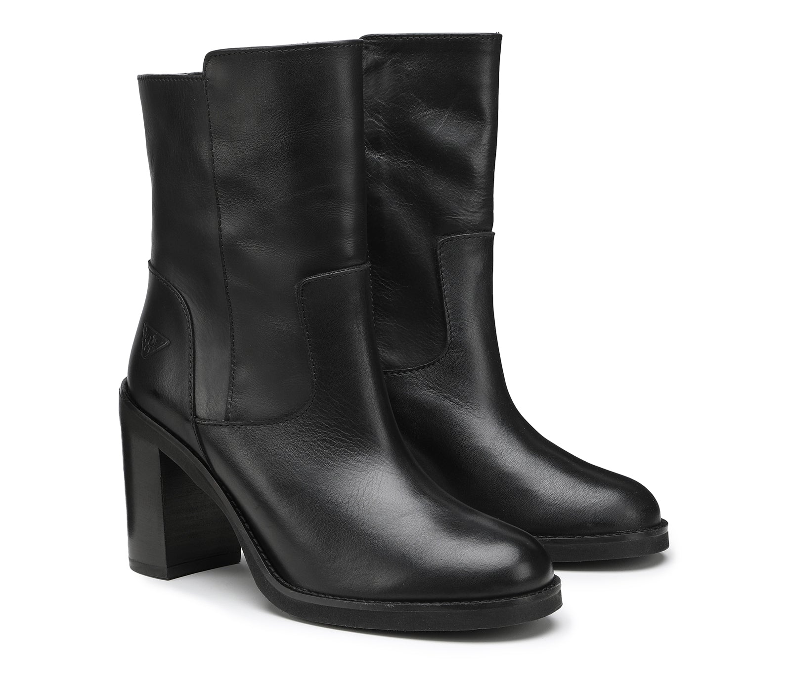 Women's Black Leather Boots with Wide Heel