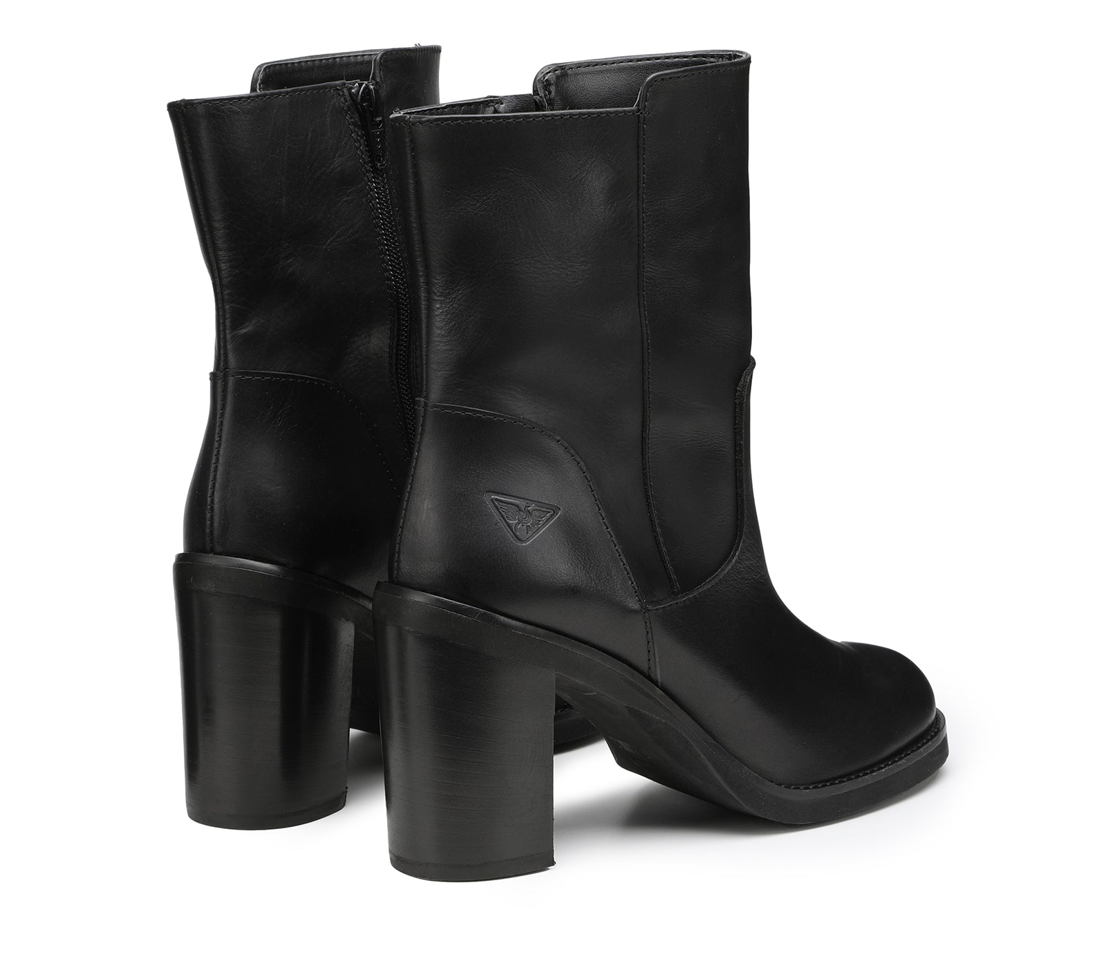 Women's Black Leather Boots with Wide Heel