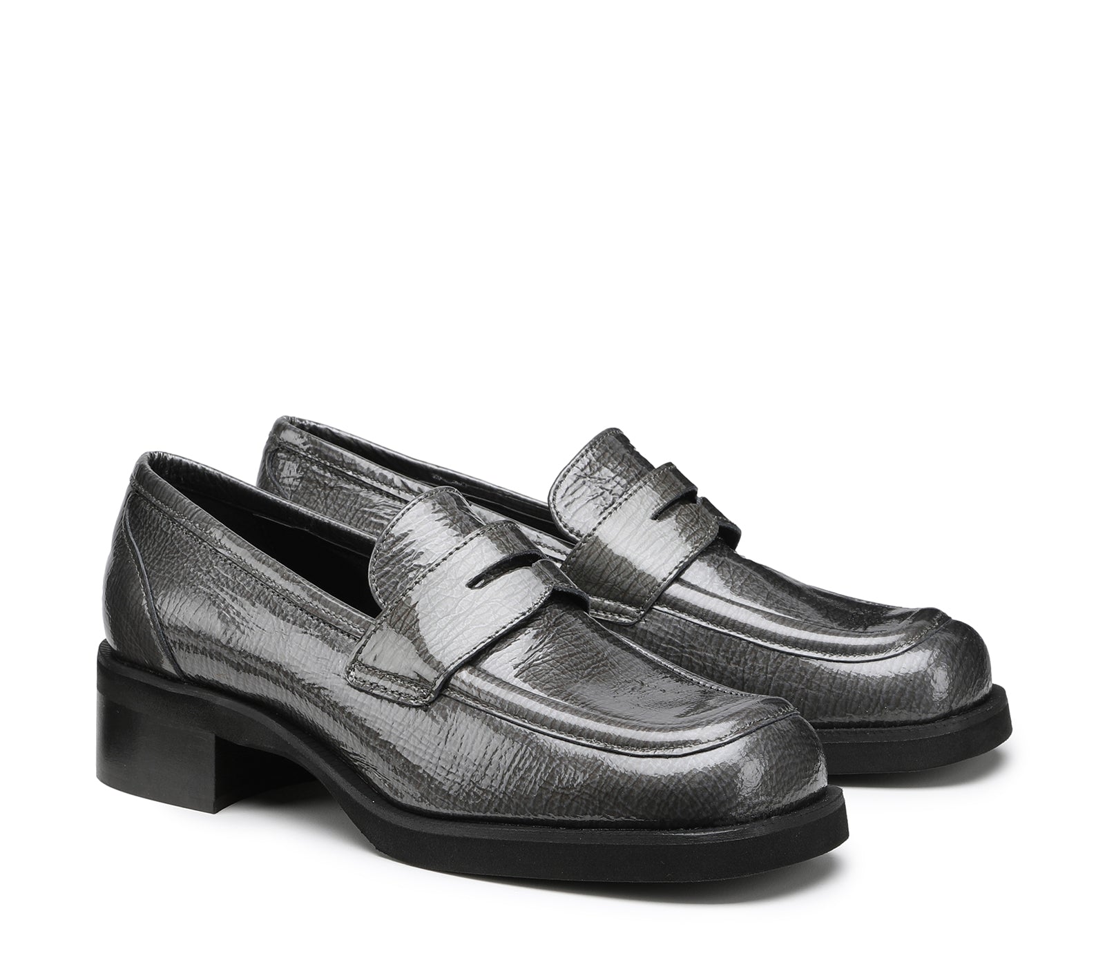 Women's Moccasins in Gray Patent Leather with Square Toe and Rubber Sole