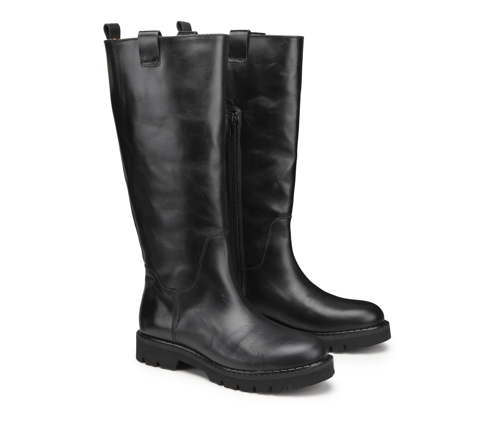 Women's Black Leather Boots with Round Toe and Knee-Length Gambit 