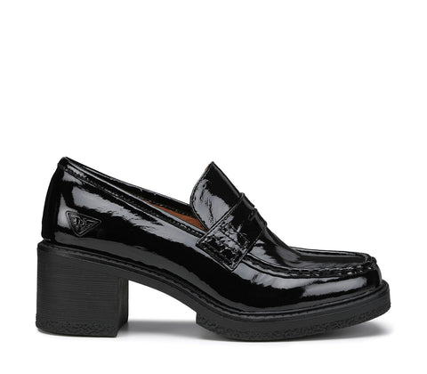 Women's Black Patent Leather Moccasin with Block Heel